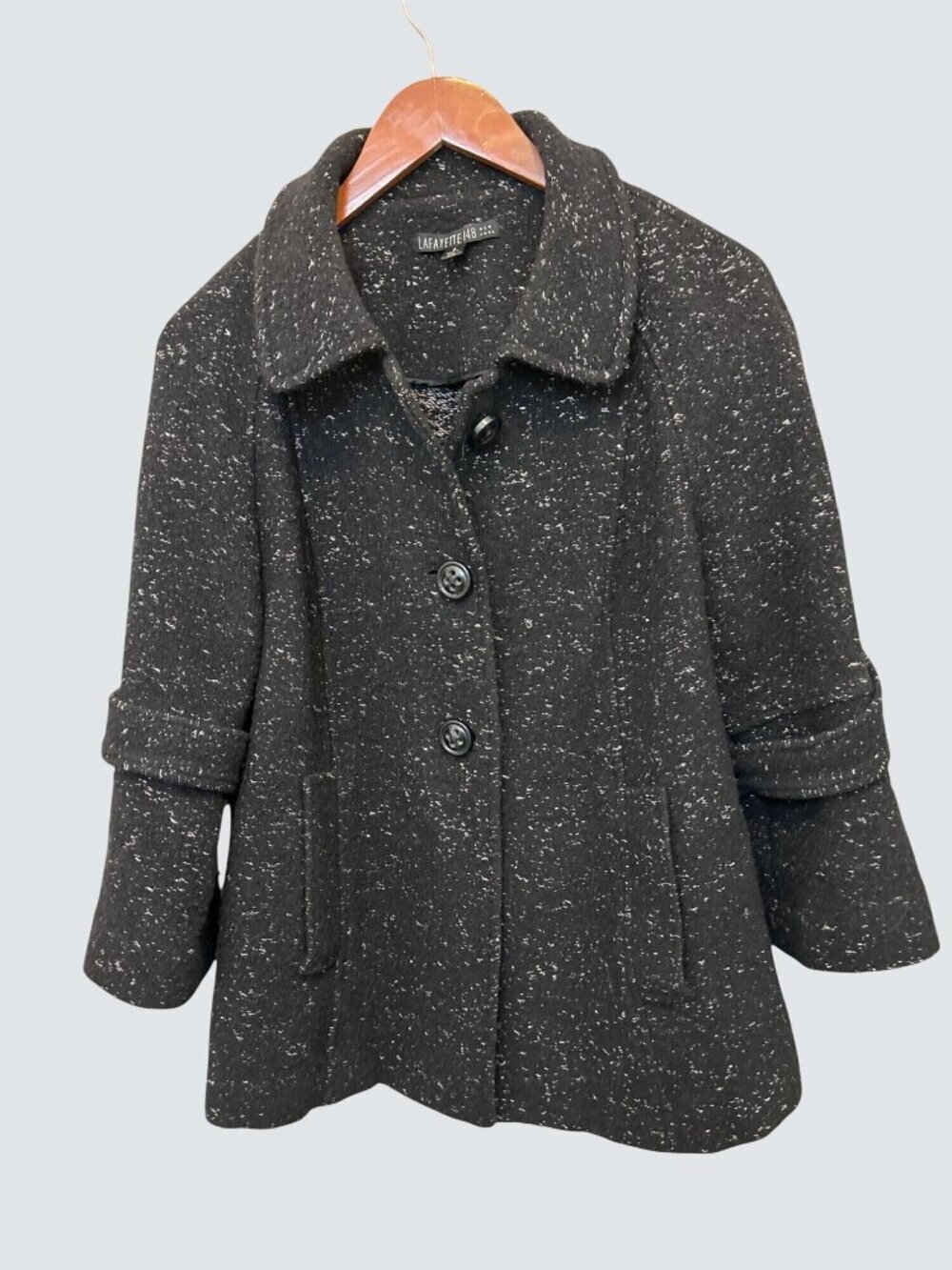 Lafayette 148 Black Wool Blend Button-Down Coat With Rolled Sleeves Size 8